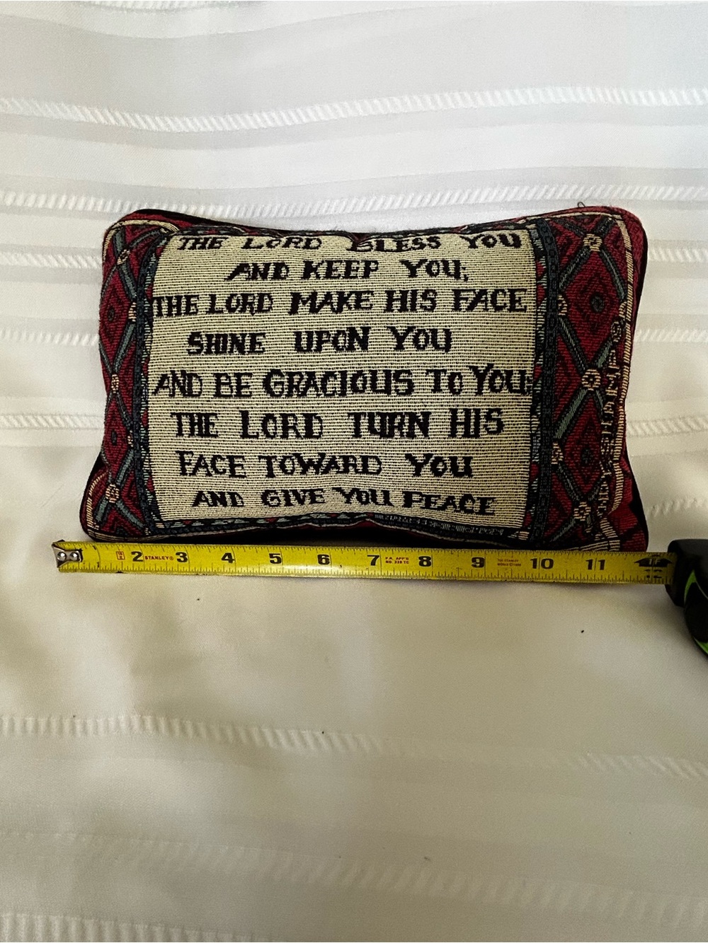 Needlepoint Home Decor Accent Pilloe Religious Script Red Blue Tapestry Black